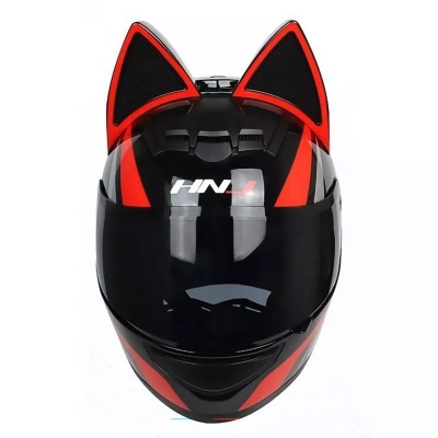 Мотошлем HNJ с кошачьими ушками красный, размер S-1